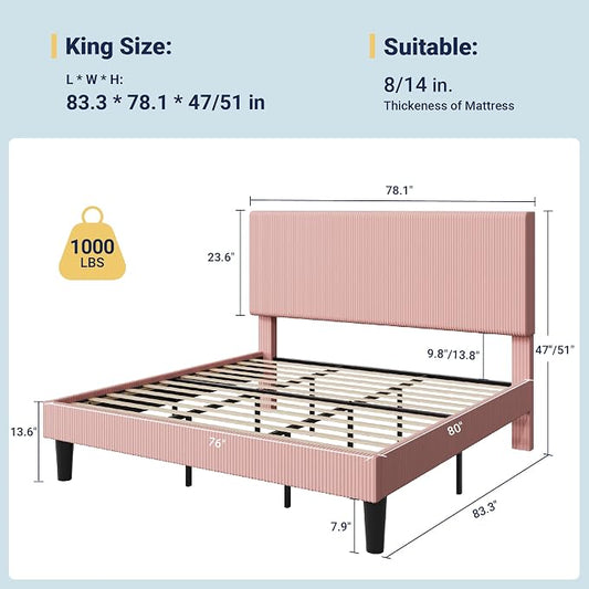 Allewie King Size Upholstered Bed Frame with Vertical Channel Tufted Headboard, Soft Corduroy Fabric Platform Bed, Strong Wooden Slats Support, Easy Assembly, No Box Spring Needed, Light Pink