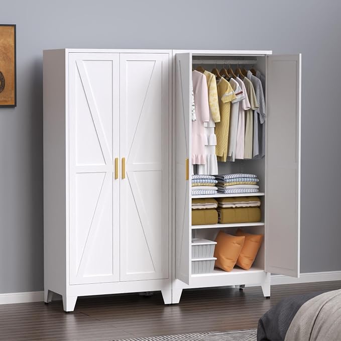 71" Heavy Duty Steel Armoire Wardrobe Closet, White Metal Clothing Storage Cabinet with 2 Magnetic Doors & Adjustable Shelves, Waterproof Hanging Rod Cabinet for Bedroom Gym Laundry Room