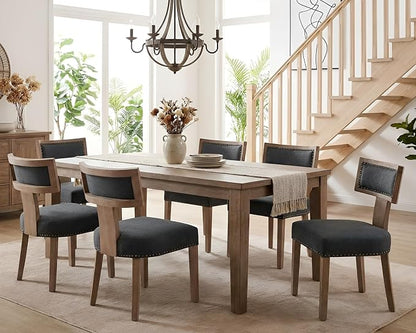 HNY Mid Century Modern Dining Chairs Set of 6, Farmhouse Linen Fabric Upholstered Accent Chairs Curved Nailhead Trim Backrest Kitchen Chairs, with Hardwood Frame, Charcoal