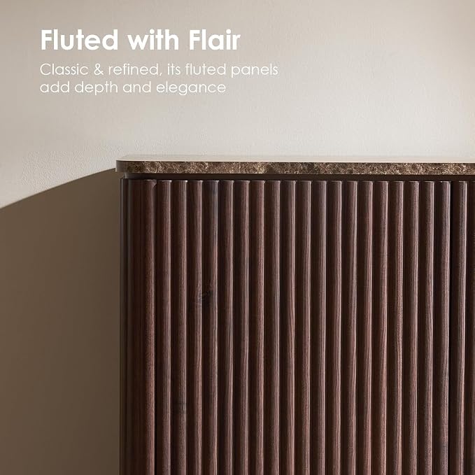 Fluted Nightstand with Faux Marble Top, Modern Bedside Table | FSC-Certified Engineered Wood, 24" H, 2 Drawers, Rounded Corner, Metal Handle, for Bedroom, Dark Oak