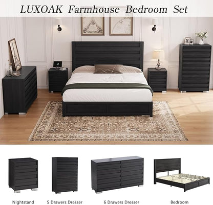 LUXOAK 2 Pcs Bedroom Furniture Sets - Includes 1 X Farmhouse 6 Drawers Dresser, 1X Farmhouse Full Size Bed Frame with 49" Tall Headboard, Wooden Platform Bed with Hidden Metal Bed Frame, Black