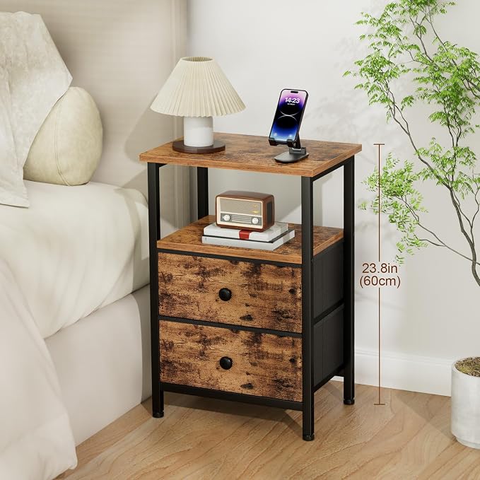LOAKEKEL Night Stand, Nightstand with 2 Fabric Drawers for Bedroom, Small End Table with Open Storage Shelf, Bedisde Table for Apartment, Rustic Brown, HETS002BR-1