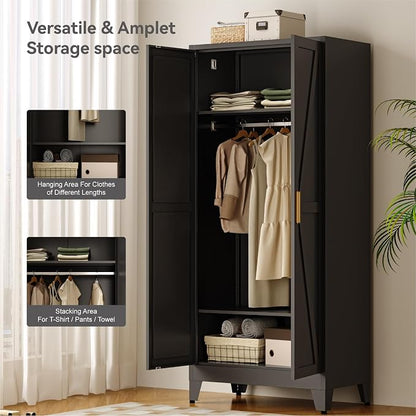 COFaR Metal Wardrobe Cabinet, 71" Farmhouse Storage Cabinet with Hanging Rod, 2 Barn Door, 2 Adjustable Shelves and Legs, for Bedroom, Laundry Room, Cloak Room, Gym, Office, School (Black)
