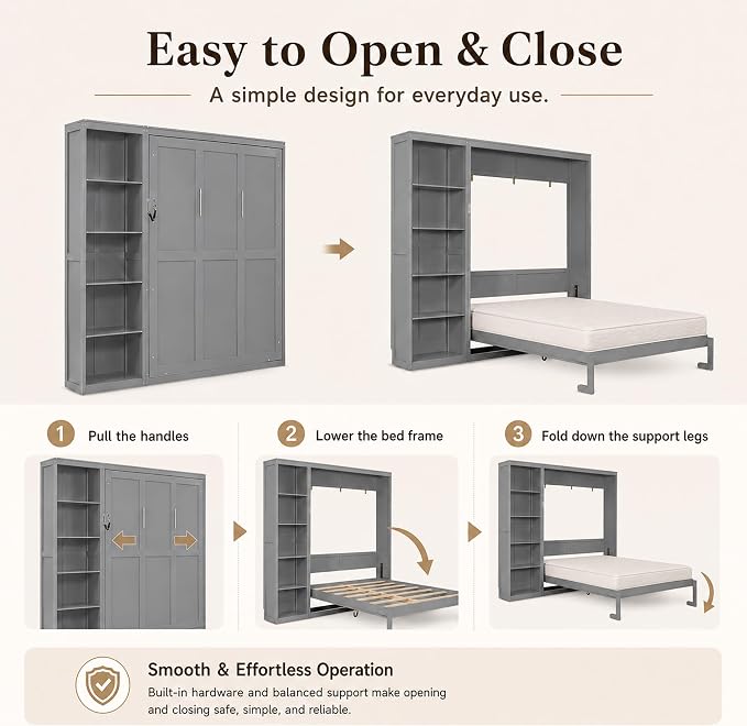 Queen Murphy Bed Cabinet with Storage, Wall Bed with Five-Layer Cabinet, Murphy Cabinet Hidden Bed, Space Saving Cabinet Bed with Dual Piston Mechanism for Apartment, Guest Room, Office (Gray 5)