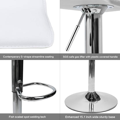Set of 2 Barstool, Adjustable Swivel Bar Stools with PU Leather and Chrome Base, Gaslift Pub Counter Chairs, White