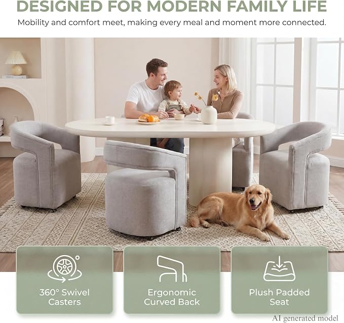 HNY Light Grey Linen Upholstered Dining Chairs Set of 3 – 360° Swivel Kitchen Seating with Casters & Barrel Open Back, Upholstered Rolling Chairs for Living Room, Dining Room