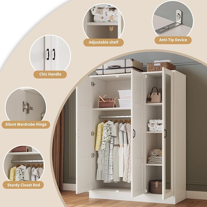 Yanosaku 3-Door Armoire Wardrobe Closet with Full Length Acrylic Mirror, Armoire with Adjustable Shelves & Hanging Rod, Freestanding Storage Cabinet for Bedroom, White