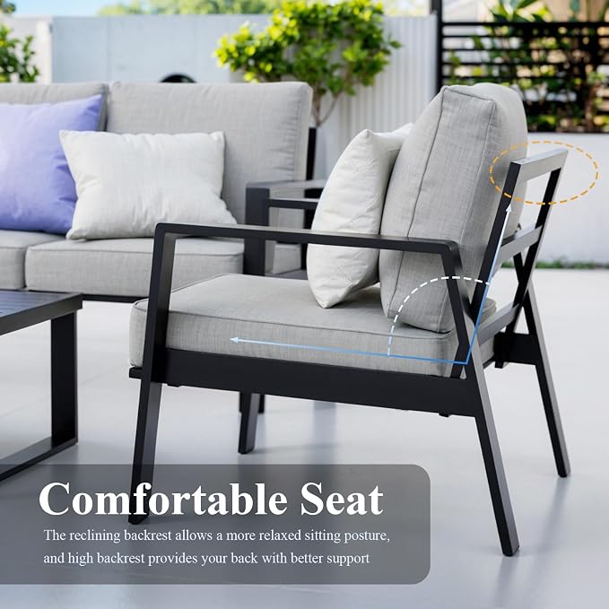 2 Pieces Aluminum Outdoor Armchair, Oversized Patio Couch, Modern Sofa All Weather Metal Furniture Set with 5" Cushions (Black/Light Grey)