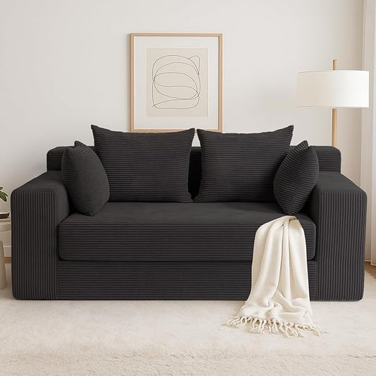 cidludto Convertible Sofa Bed, Boneless Loveseat Folding Couch Bed Foldable - 3 in 1 Small Ccouch & Futon Sofa Bed, Corduroy Pull Out Couch with 4 Pillows for Living Room, Black