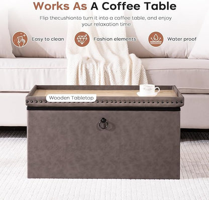 30 Inches Storage Ottoman Bench, Foldable Foot Rest with Rivet Design, 15 x 30 x 15 Inches, End of Bed Bench Footstool, Storage Chest, Load up to 330 lb, for Living Room, Bedroom, Entryway, Oak Brown