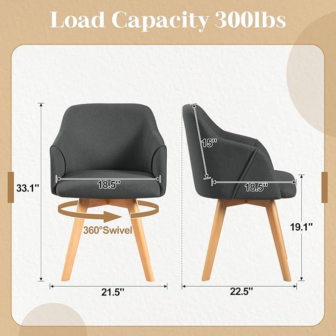 Swivel Dining Chairs Set of 6, Mid Century Modern Dining Chairs with Arms, Linen Fabric Upholstered Kitchen Dining Room Chairs with Solid Wood Legs for Living Room Grey