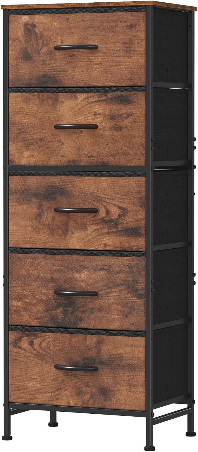 DUMOS Nightstand with 5 Drawers, Bedside Table with Removable Fabric Bins, Sturdy Steel Frame Wood Top Skinny Dresser for Bedroom Nursery Closet Living Room, Rustic Brown