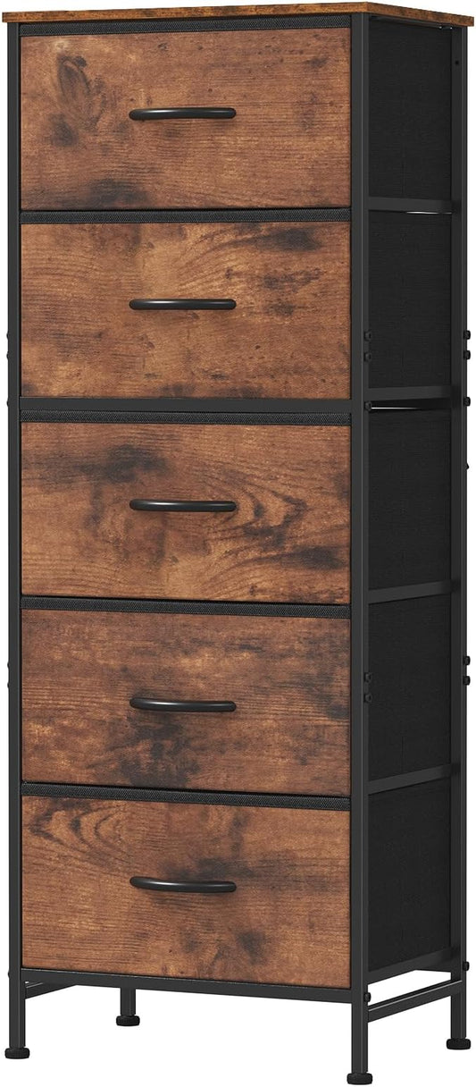 DUMOS Nightstand with 5 Drawers, Bedside Table with Removable Fabric Bins, Sturdy Steel Frame Wood Top Skinny Dresser for Bedroom Nursery Closet Living Room, Rustic Brown