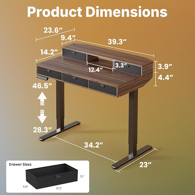 HUANUO 40 X 24 inch Electric Standing Desk with 4 Drawers, Adjustable Height Sit Stand Home Office Desk, C-Clamp Mount Compatible, Ergonomic Stand up Desk with 4 Preset Heights, Walnut