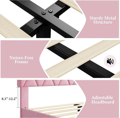 GAOMON Pink Twin Bed Frame with Upholstered Headboard, Heavy-Duty Platform Bed Frame with Strong Wood Slats, No Box Spring Needed/Noise Free/Easy Assembly