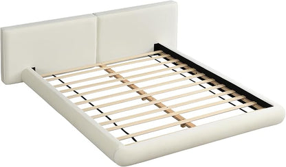 Merax Queen Size Low Profile Floor-Hugging Platform Bed, Platform Bed Frame with 27.45'' Headboard, 800lb WeightCapacity, Upholstered Modern Bed in Fabric, Cream