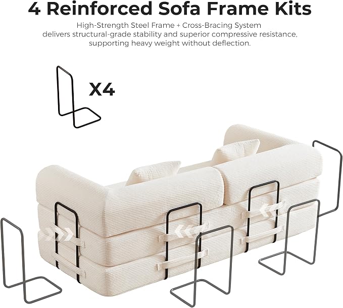 79" 5-in-1 Convertible Sofa Bed No Assembly, Boneless Couch Bed with High Density Foam, Foldable Sleeper Sofa, Corduroy Modular Couch for Apartment, Studio, Dorm Room, Small Space, Beige White