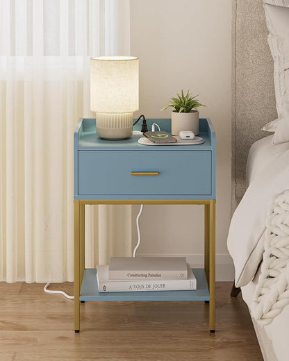 Masupu Nightstand with Charging Station,3-Tier Modern Bedside Night Stand with Storage Drawer and Shelf,Small End Side Table for Bedroom,Living Room,Gold and Blue