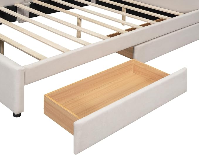 Ball & Cast Queen Size Daybed with Storage Drawers,Linen Upholstered Bed Frame with Button Tufted Backrest and Armrests,L Shaped Day Bed with USB Port,Solid Wood Slats Support,Beige