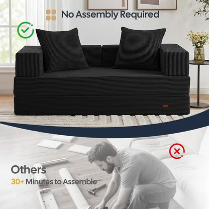 COMAX Futon Sofa Bed, Convertible Sofa Bed, Folding Boneless Couches | Boneless Couch for living room, 4‑in‑1 Fold Out Small Foldable Loveseat Floor Sleeper Mattress Lounge Space‑Saving, Black