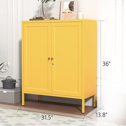 Lockable Metal Storage Cabinet Double Door Metal Cabinet Home Decor Cabinet with Adjustable Shelves Coffee Bar Cabinet Suitable for Living Room and Dining room Yellow : 13.8"D x 31.5"W x 36"H