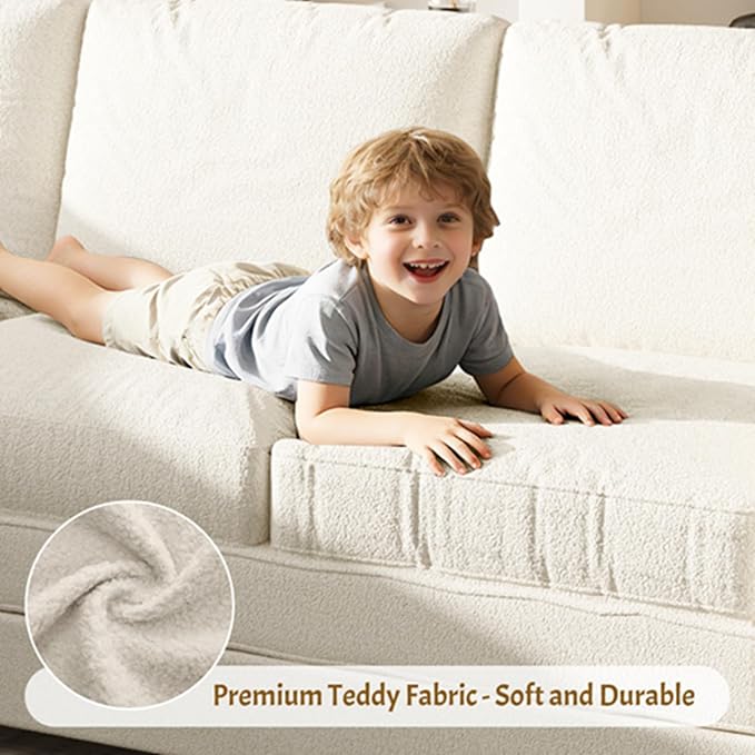 85.1" L-Shaped Pull Out Sofa Bed – Oversize Convertible Sleeper Couch with USB Ports & Side Storage, Teddy Upholstered Sectional for Living Room & Bedroom, Beige White