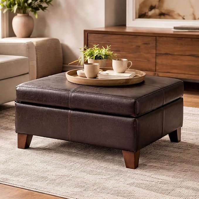 HomePop 28" Faux Leather Square Storage Ottoman - Distressed Brown
