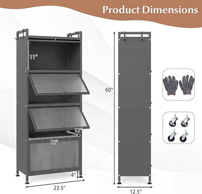 Giantex 5-Tier Kitchen Storage Cabinet, Freestanding Metal Pantry Cabinet w/ 4 Flip-up PC Doors, 4 Hooks & Adjustable Feet, 60” Tall Bakers Rack Microwave Stand for Dining Room, Living Room, Grey
