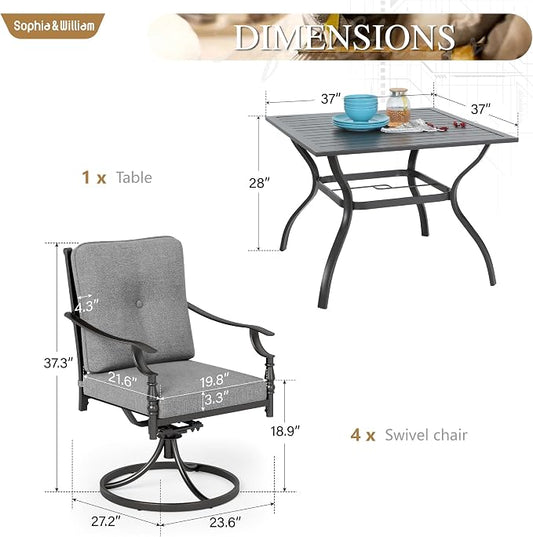 Sophia & William 5 Piece Outdoor Patio Dining Set, Patio Table and Chairs Set for 4,Swivel Patio Chairs with Cushions and Square Table, Outdoor Dining Set for Backyard, Poolside