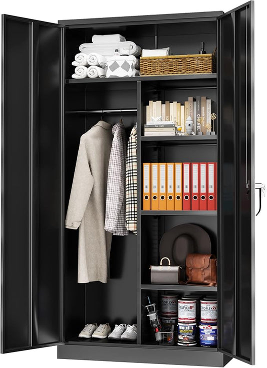 Greenvelly Metal Storage Wardrobe with 2 Doors, Black 72” Steel Storage Wardrobe Cabinet, Employees Locker Closet Clothing Coat Steel Wardrobe Cabinet with Hanging Rod for Garage, Gym, Home Office