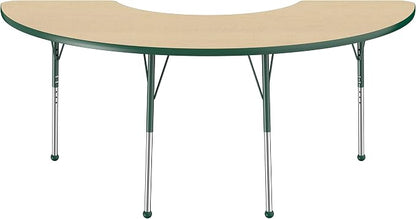 FDP Half Moon Activity School and Office Table (36 x 72 inch), Standard Legs with Ball Glides for Collaborative Seating Environments, Adjustable Height 19-30 inches - Maple Top and Green Edge
