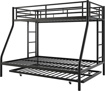 Nuturelly Metal Bunk Bed Twin Over Full with Trundle, Heavy Duty Steel Frame Bunk Bed Frame with Safety Guardrails & Ladder, Space Saving 3 Beds for Kids, Teens, Dorm, Black