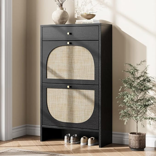 Nicetree Shoe Cabinet for Entryway, Slim Shoe Rack with 2 Flip Drawers and Top Storage Drawer, Narrow Shoe Organizer with Printed Rattan-Look Design, Entryway Shoe Storage for Size 12 Shoes, Black