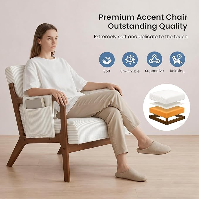 DUMOS Mid Century Modern Accent Chair, Upholstered Armchair with Lumbar Pillow and Solid Wood Frame, Comfy Reading Chair for Small Living Room, Bedroom, Guest Room, Beige