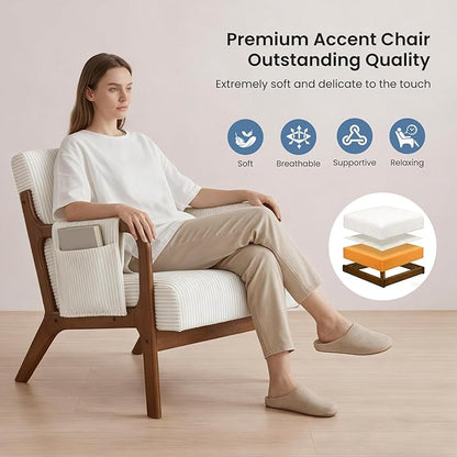 DUMOS Mid Century Modern Accent Chair, Upholstered Armchair with Lumbar Pillow and Solid Wood Frame, Comfy Reading Chair for Small Living Room, Bedroom, Guest Room, Beige