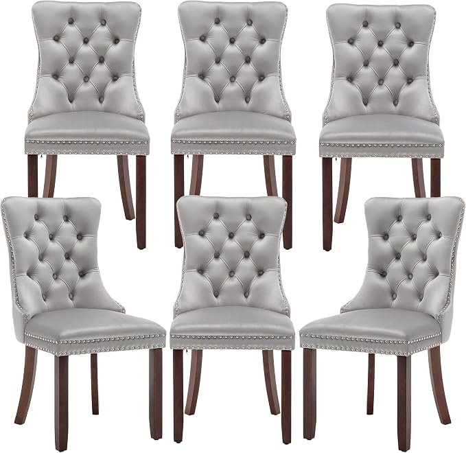 Mid Century Modern Dining Chair Set of 6 Velvet Upholstered Dining Accent Chair Farmhouse Dining Chairs with High Back and Nailhead Trim for Kitchen, Living Room, Bedroom (Light Gray)