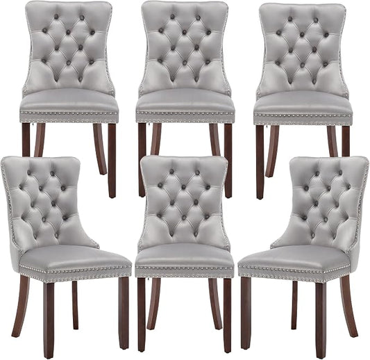 Mid Century Modern Dining Chair Set of 6 Velvet Upholstered Dining Accent Chair Farmhouse Dining Chairs with High Back and Nailhead Trim for Kitchen, Living Room, Bedroom (Light Gray)