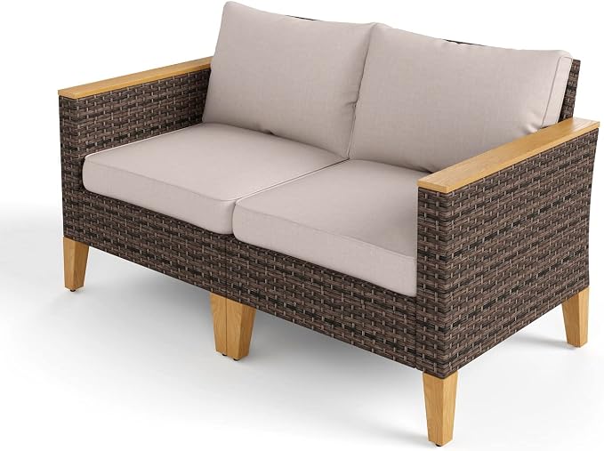 MFSTUDIO 2 Pieces Rattan Patio Furniture Set, Outdoor Wicker Loveseat Sofa Set for Backyard(White)