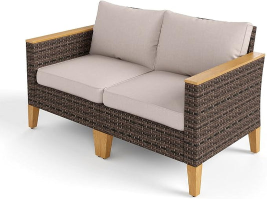 MFSTUDIO 2 Pieces Rattan Patio Furniture Set, Outdoor Wicker Loveseat Sofa Set for Backyard(White)