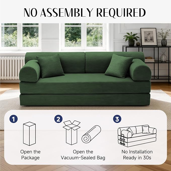 79'' Convertible Sofa Bed, 6 in 1 Folding Floor Futon Couch Sleeper with Fixed Frame, Corduroy Modular Sofa Bed with Removable Armrests & Pillows, No Assembly for Living Room Bedroom (Green)