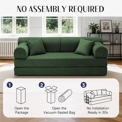 79'' Convertible Sofa Bed, 6 in 1 Folding Floor Futon Couch Sleeper with Fixed Frame, Corduroy Modular Sofa Bed with Removable Armrests & Pillows, No Assembly for Living Room Bedroom (Green)