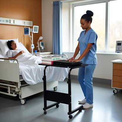 TV Tray Bed Side Table, Portable Rolling Desk Hospital Bed Laptop Table, Small Standing Desk with Wheels Adjustable Height for Sofa, Bedside, Tablet Use, Secure Non Tilt, 23.6" W, Black