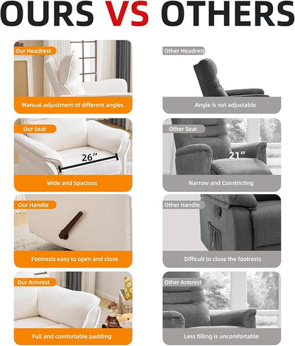 Oversized Recliner Chair, 26" Extra Wide 360° Swivel Rocker Recliner with Adjustable Headrest, Chenille Glider Rocking Nursery Chair with Overstuffed Armrest, Lumbar Support, White