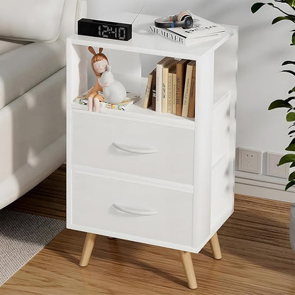 Aenuert Night Stand, White Nightstand with Fabric Drawers, Wooden Side Table with Open Storage, 3-Tier Modern End Table, Bedside Table for Small Space, Living Room, Bedroom
