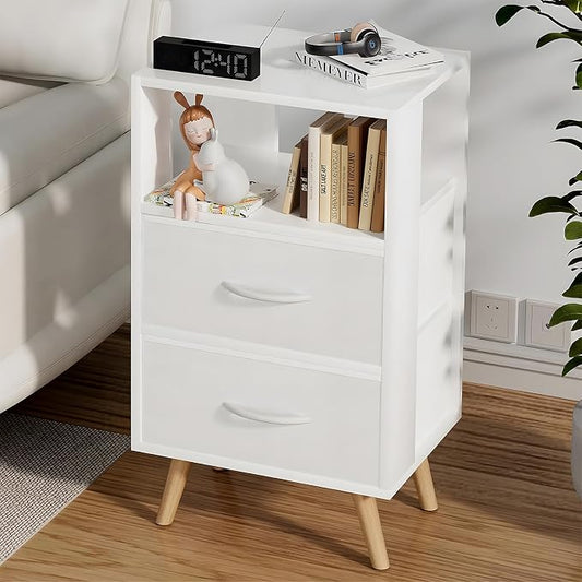 Aenuert Night Stand, White Nightstand with Fabric Drawers, Wooden Side Table with Open Storage, 3-Tier Modern End Table, Bedside Table for Small Space, Living Room, Bedroom