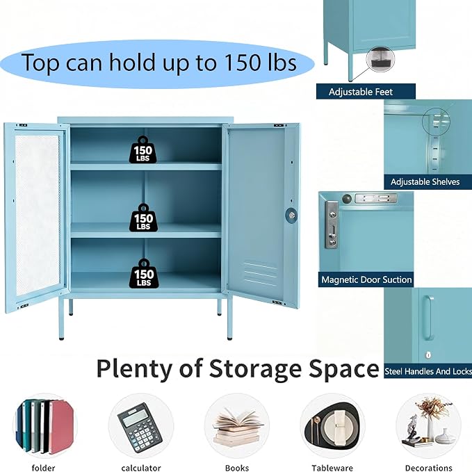 Blue Metal Locker CabinetsMetal Locker Storage Cabinet with Mesh Doors and Adjustable Shelves Coffee Bar Cabinet,Kitchen Pantry Storage Cabinets for Home, Office, Entryway and Hallway