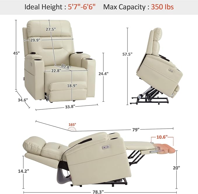 MCombo Lift Chair for Tall Man 6‘6’’, Dual Motor Power Lift Recliner Chair for Elderly, Lay Flat for Sleeping, Heat and Massage, USB & Type C, Faux Leather 7755 (Cream White)