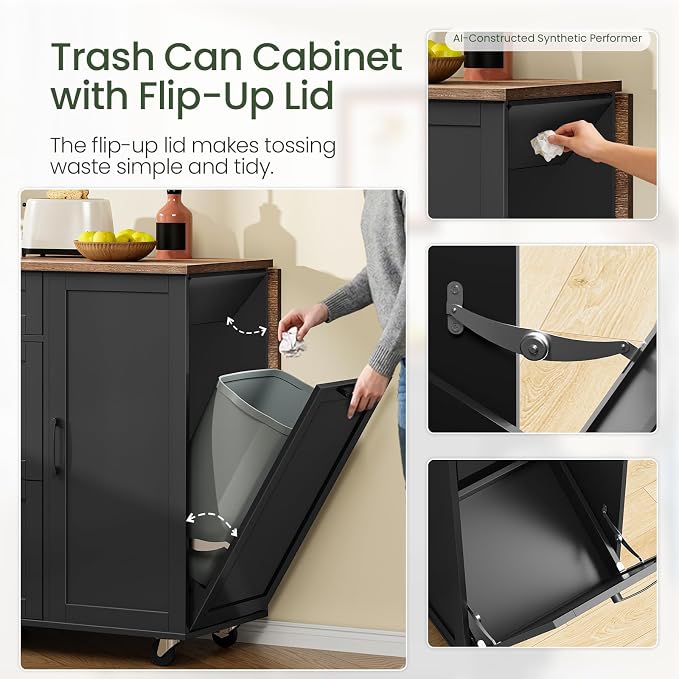 CHOEZON Kitchen Island with Trash Can Cabinet, Drop-Leaf Tabletop & 6 Wheels, 51.2-Inch Rolling Kitchen Cart with Fridge Shelf, Drawers & Adjustable Shelves, Farmhouse Style, Black and Walnut MZD07BL