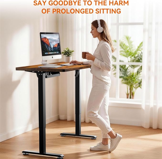 Standing Desk, 55 x 24 Inches Electric Height Adjustable Desk, Sit Stand up Desk, Memory Computer Home Office Gaming Desk with 3 Preset Heights, Table Cable Management Box, Brown