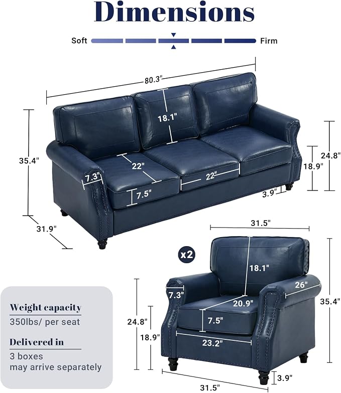 Kingfun 3 Seater Sofa, Mid-Century Modern Faux Leather Couch Set for Living Room, Blue with Rolled Arms & Nailhead Trim, Easy Assembly